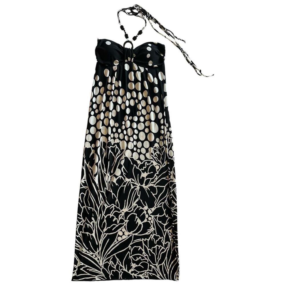 Carole Little Black & White Floral Print Maxi Beaded Halter Dress Sz 4 2000s Y2K